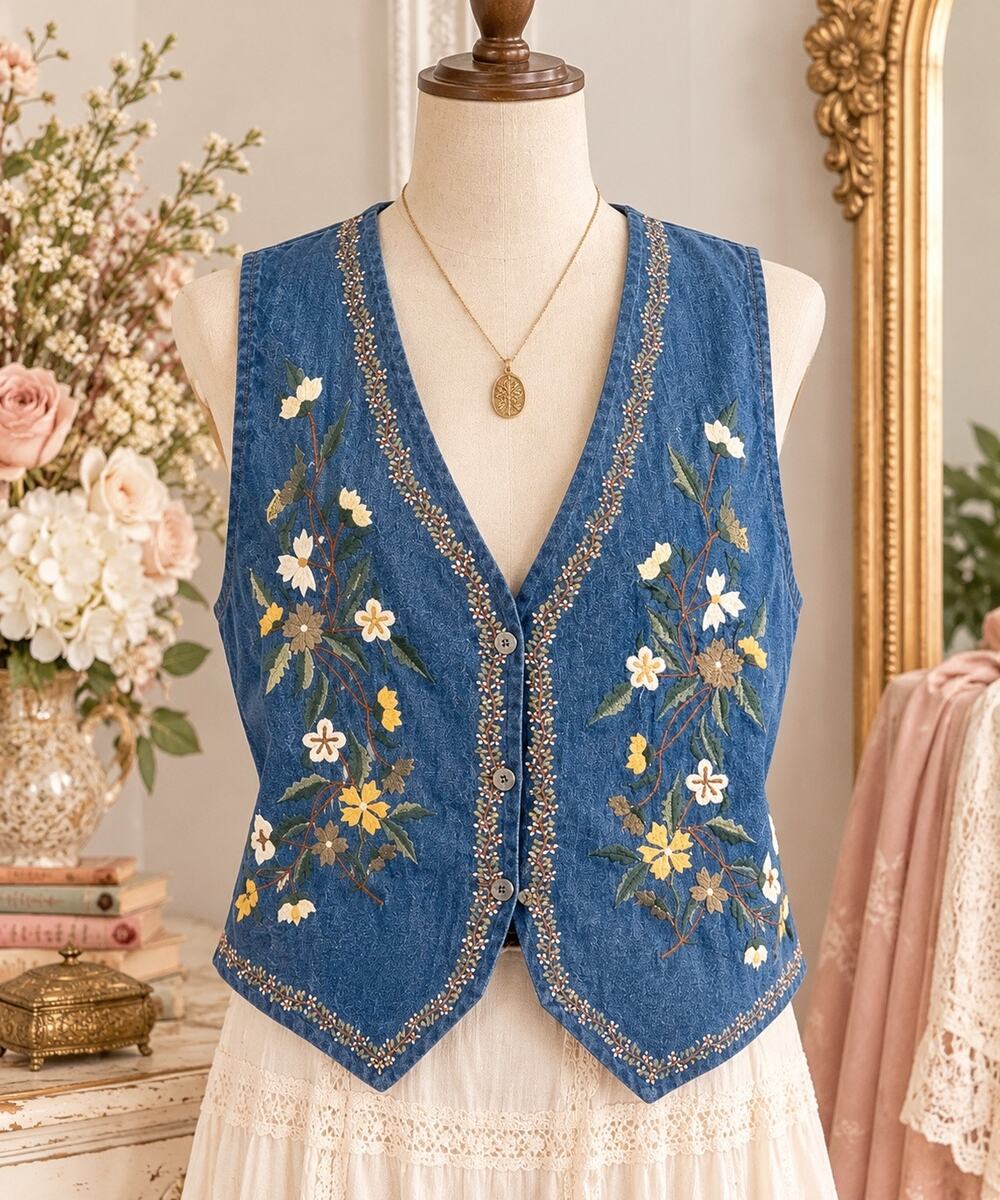 AGAPO Collection Denim Vest Large Floral Embroidered Boho Cottagecore Vintage